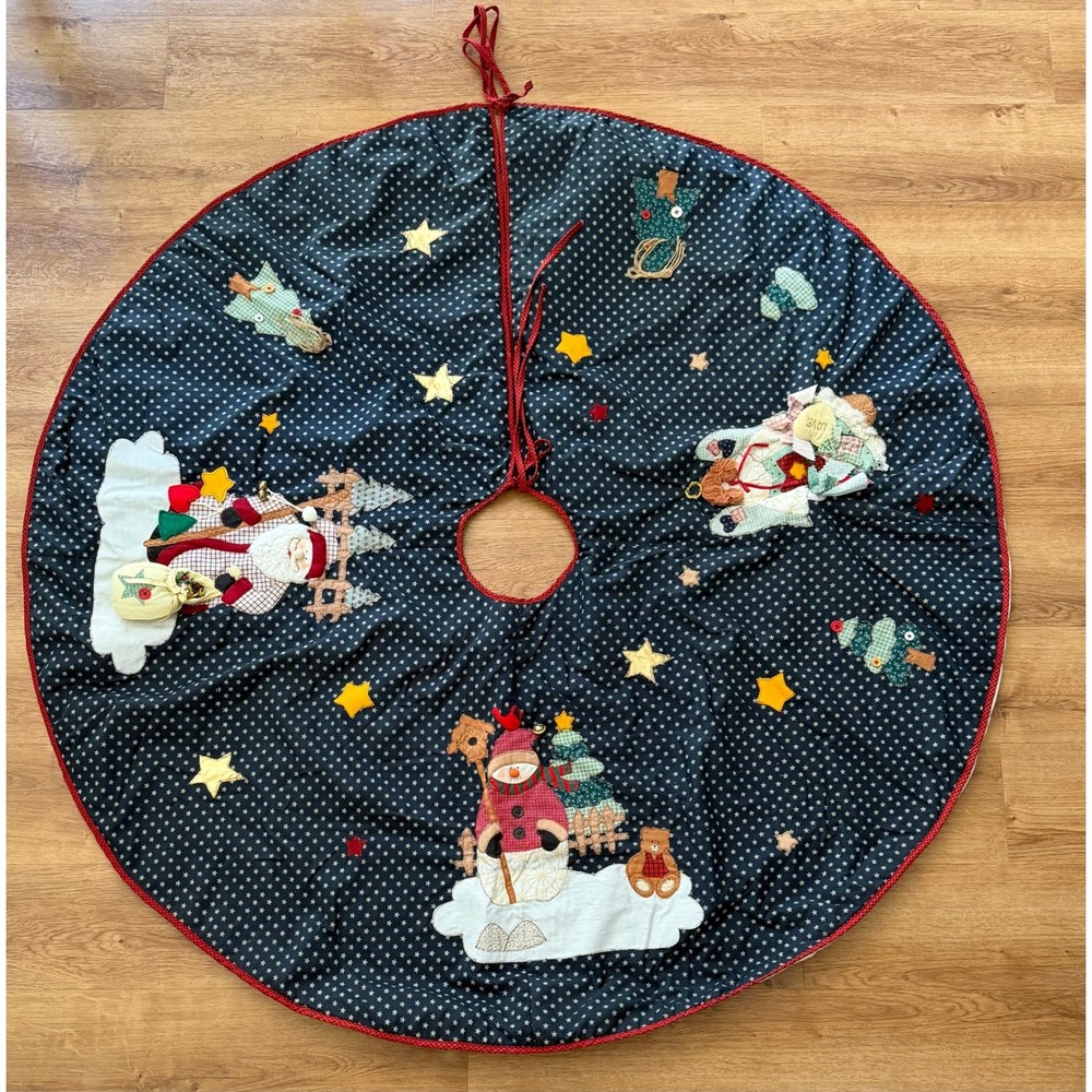 Vintage Style Blue Starry Night Christmas Tree Skirt 48" Santa Snowman Angel